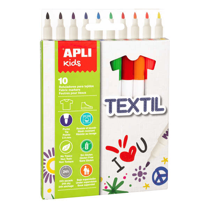 Apli Kids Pack de 10 Rotuladores para Textil - Punta Redonda Bloqueada Ø 2.9mm - Capuchon Anti Asfixia - No Toxicos - Larga Duracion - Ideal para todo 1