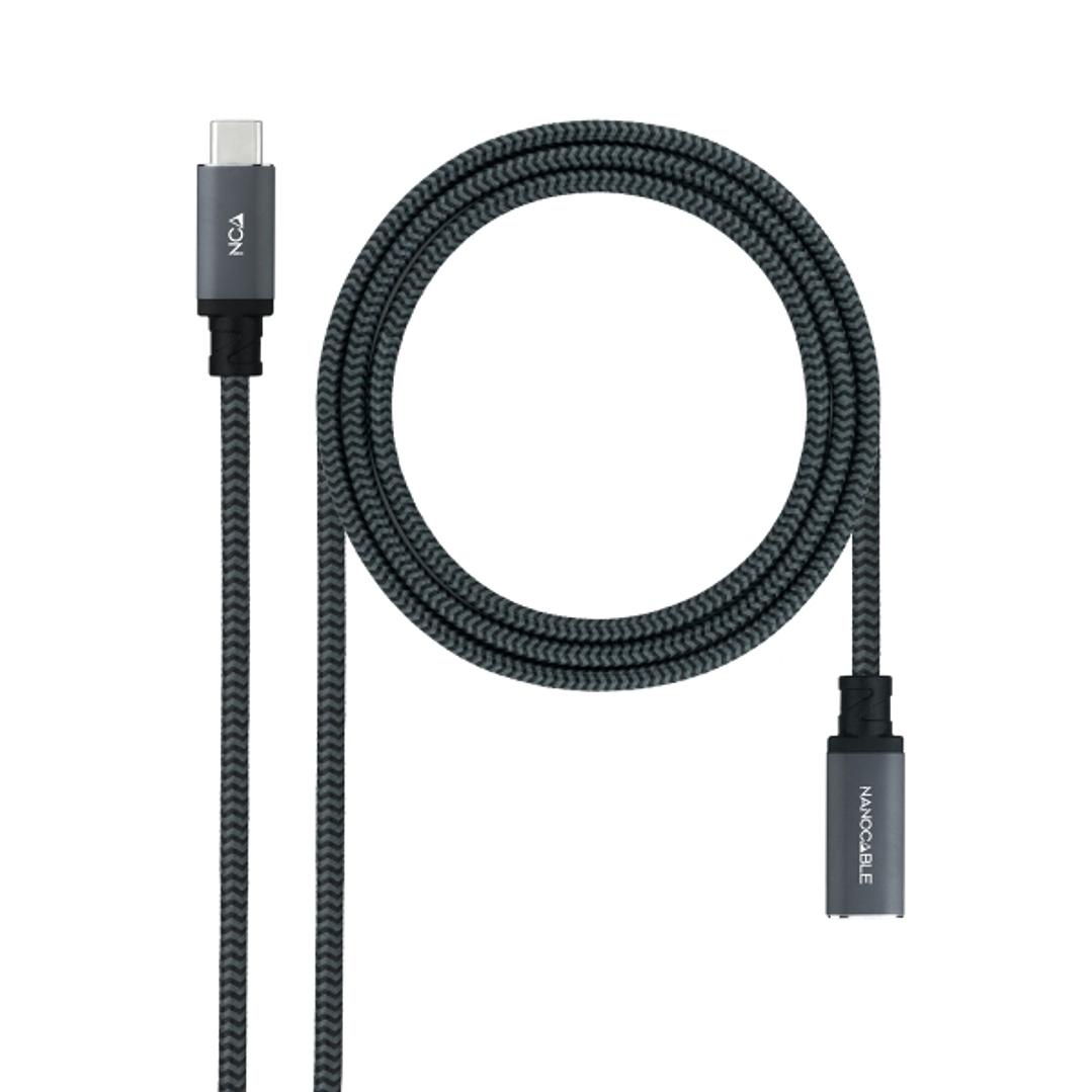 Nanocable Cable Prolongador USB-C 3.2 Macho a USB-C 3.2 Hembra - Gen2x2 20Gbp - 100W 5A - 4K 60Hz - 2 Metros - Mallado - Color Negro 1