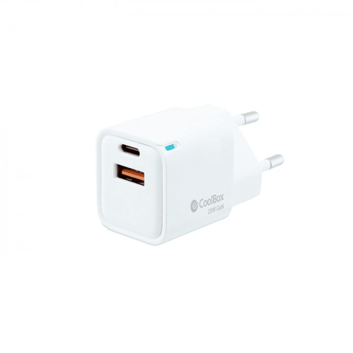 Coolbox Cargador de Pared 20W QC3.0 + PD - USB-A + USB-C - Carga Rapida - Tecnología GaN - Color Blanco 1