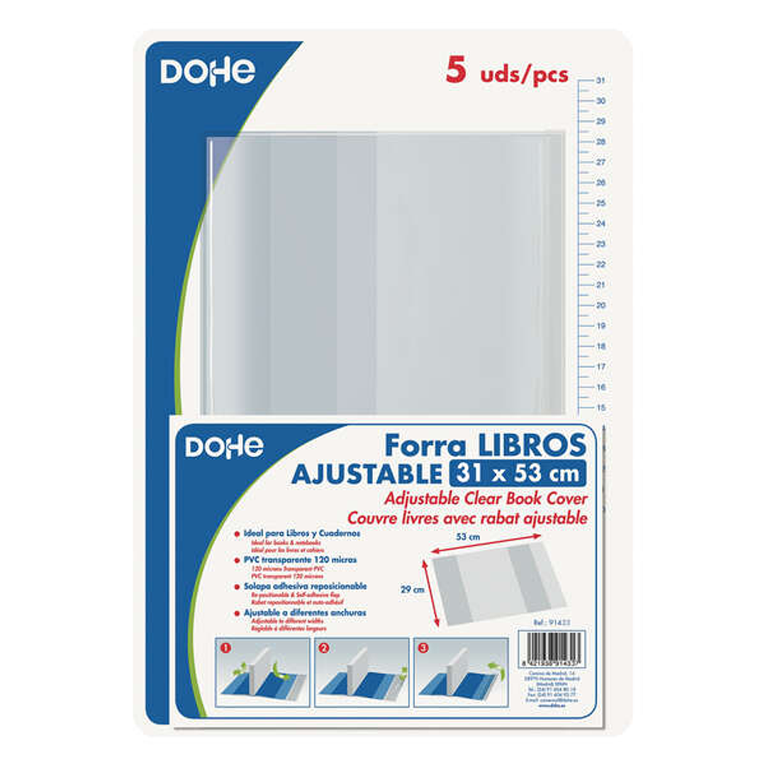 Dohe Pack de 5 Cubiertas Protectoras de Libros - Solapa Adhesiva Reposicionable - Tamaño 31x53cm - Material PVC 120 micras 1