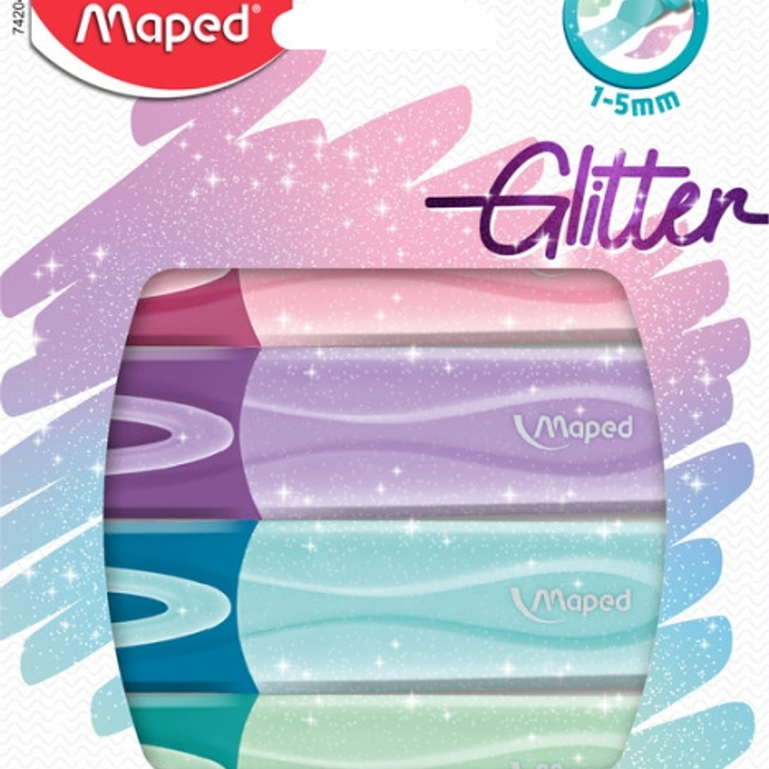 Maped Glitter Pastel Pack de 4 Marcadores Fluorescentes Pastel con Purpurina - Punta Biselada - Trazo de 1 a 5mm - Ideal para Subrayar y Resaltar - Co 1