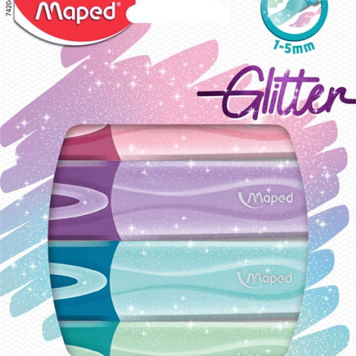 Maped Glitter Pastel Pack de 4 Marcadores Fluorescentes Pastel con Purpurina - Punta Biselada - Trazo de 1 a 5mm - Ideal para Subrayar y Resaltar - Co 1
