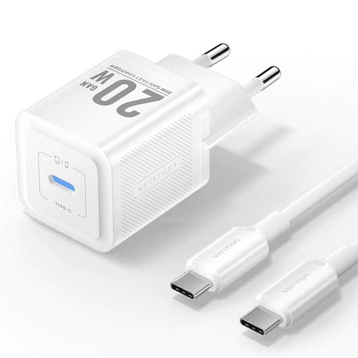 Vention Cargador de Pared GaN USB-C 20W - Cable USB-C 1m - Color Blanco 1
