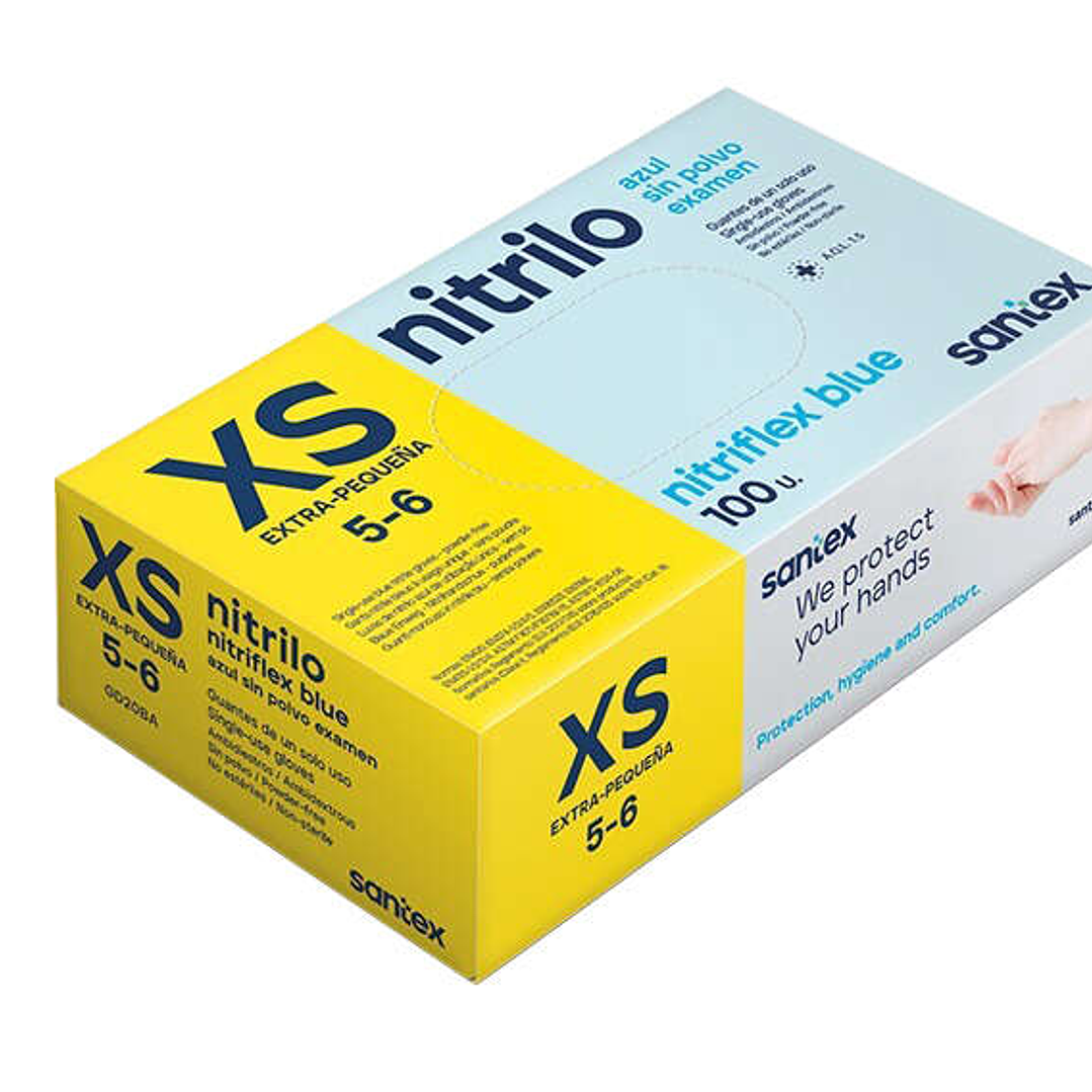 Santex Nitriflex Blue Pack de 100 Guantes de Nitrilo para Examen Talla XS - 3.5 gramos - Sin Polvo - Libre de Latex - No Esteriles - Color Azul 1