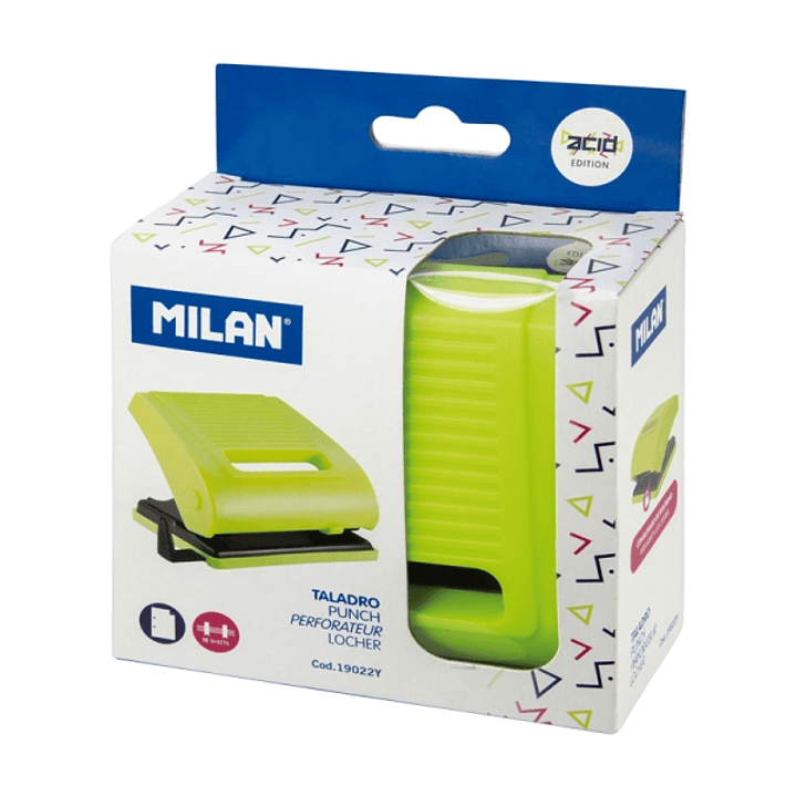 Milan Acid Taladro Perforador - Incluye Guia de Plastico - hasta 15 Hojas - Bloqueo de Seguridad - Facil Vaciado - Color Amarillo 1