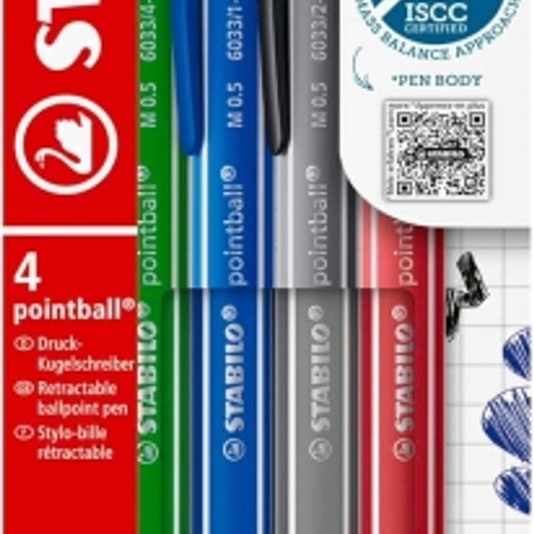 Stabilo Pointball Colorful Pack de 4 Boligrafos Retractiles - Trazo 0.5mm - Hechos con 87% Bioplastico - Grip Antideslizante - Recargables - Colores S 1