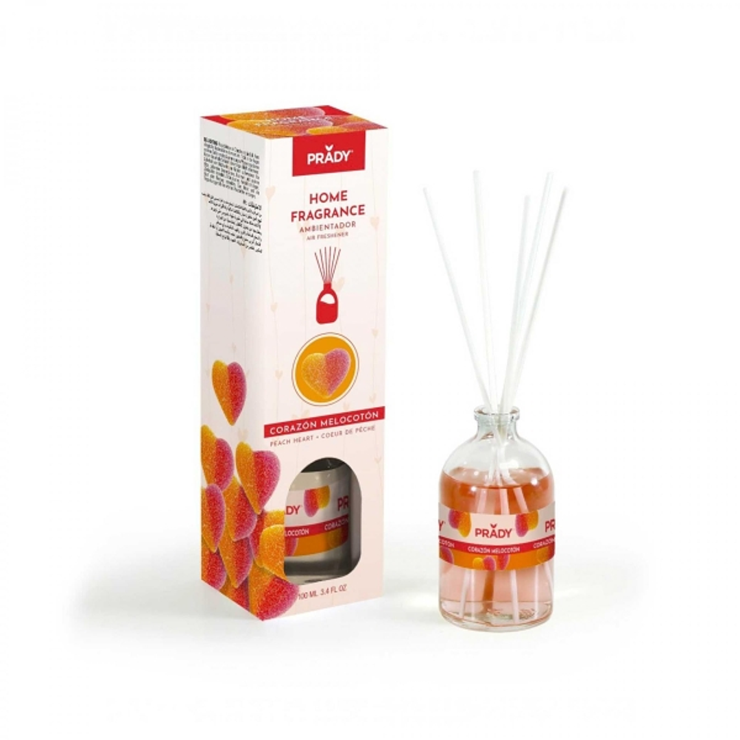 Prady Ambientador Mikado Corazon de Melocoton - Frasco de Cristal 100 ml y Varitas Difusoras 1