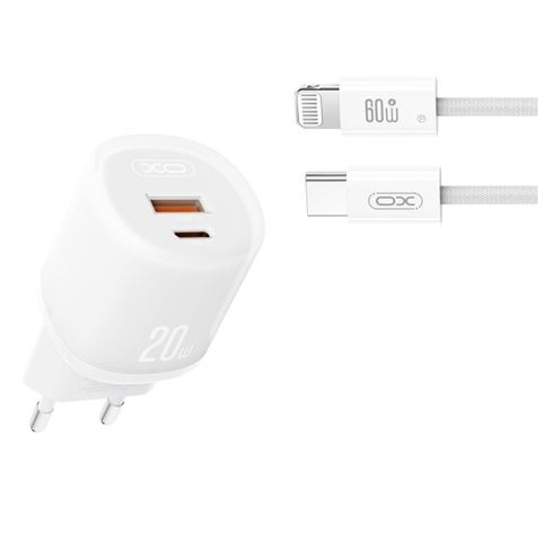 XO L144 Cargador de Corriente 20W - USB-A y USB-C - PD 3.0 - Incluye Cable USB-C a Lightning - Color Blanco 1