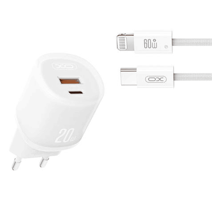 XO L144 Cargador de Corriente 20W - USB-A y USB-C - PD 3.0 - Incluye Cable USB-C a Lightning - Color Blanco 1