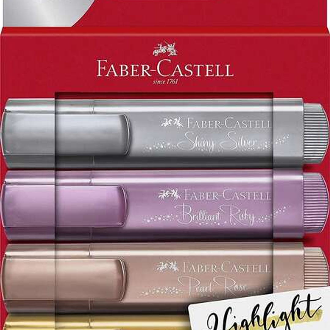 Faber-Castell Textliner 46 Metallic Pack de 4 Marcadores Fluorescentes - Punta Biselada - Trazo entre 1mm y 5mm - Tinta con Base de Agua - Colores Sur 1