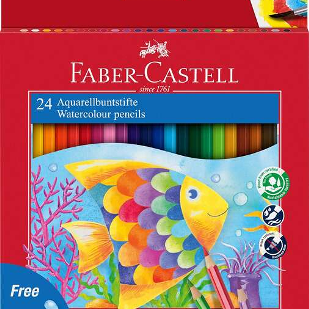 Faber-Castell Classic Colour Acuarelable Pack de 24 Lapices de Colores Hexagonales Acuarelables + Pincel - Resistencia a la Rotura - Colores Surtidos 1