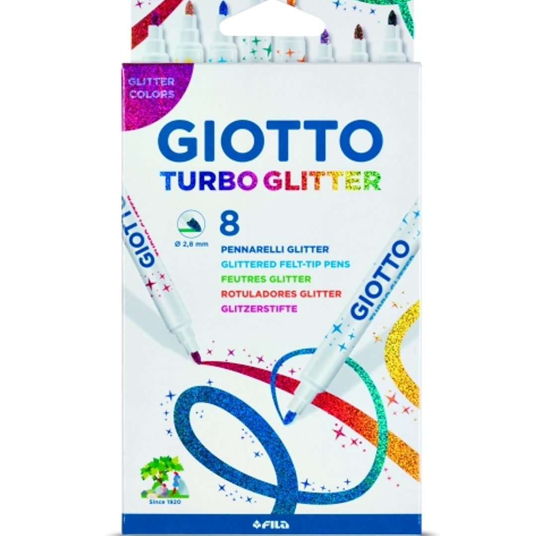 Giotto Turbo Glitter Pack de 8 Rotuladores con Tinta de Purpurina - Punta Fina 2.8mm - Colores Surtidos 1