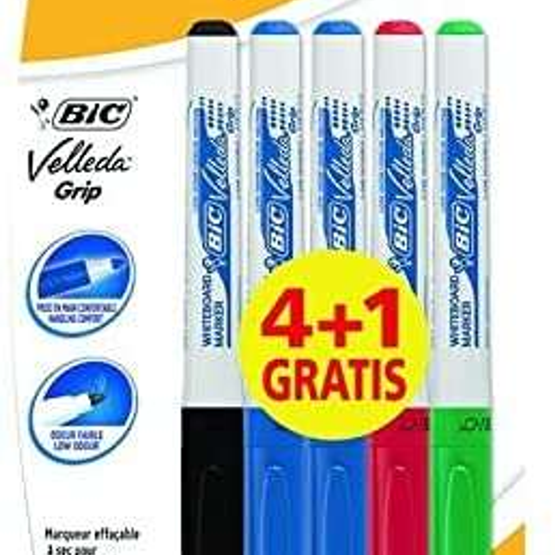 Bic Velleda Grip 4+1 Pack de 5 Rotuladores para Pizarra - Zona con Grip - Punta Media - Trazo de 1.2mm - Borrado Optimo - Colores Surtidos 1
