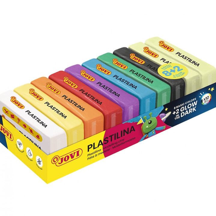 Jovi Bandeja con 10 Pastillas de Plastilina 50gr - 8 Colores Basicos + 2 Fluorescentes - Muy Moldeable - No se Seca - Colores Surtidos 1