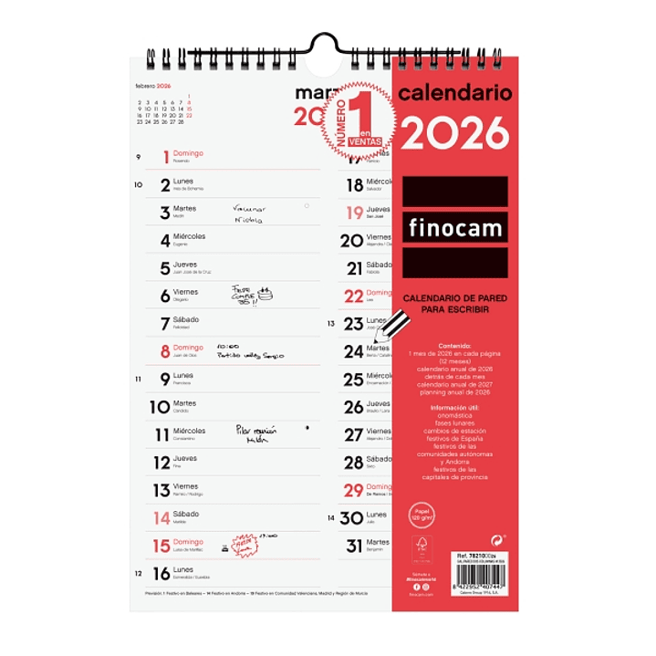 Finocam Calendario de Pared - Anual 2026 - Espacio para Escribir - Formato M - 210x6x305mm - Dos Columnas - Color Blanco y Rojo 1