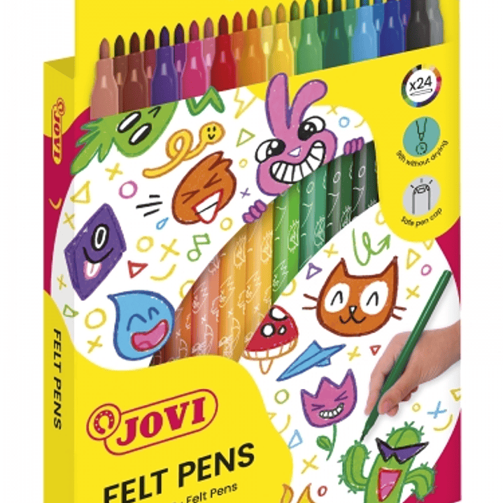 Jovi Felt Pens Estuche de 24 Rotuladores - Amplia Variedad de Tonos - Tinta de Gran Fijacion - Punta de 3mm - Capuchon de Seguridad Ventilado - Grip T 1