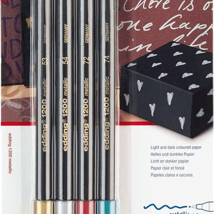 Edding 1200 Metallic Pack de 4 Rotuladores - Punta Redonda - Trazo 1mm - Tinta con Base de Agua - Colores Oro, Plata, Rojo y Verde Metalizados 1