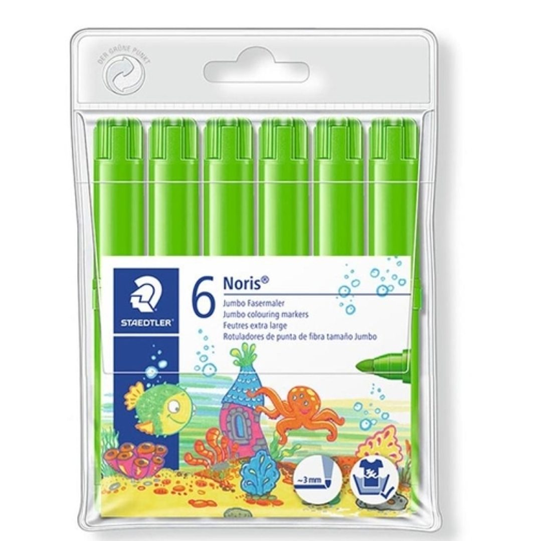 Staedtler Noris Jumbo 340 Pack de 6 Rotuladores Jumbo - Punta de Fibra - Trazo 3mm - Tapa Ventilada - Color Verde Claro 1