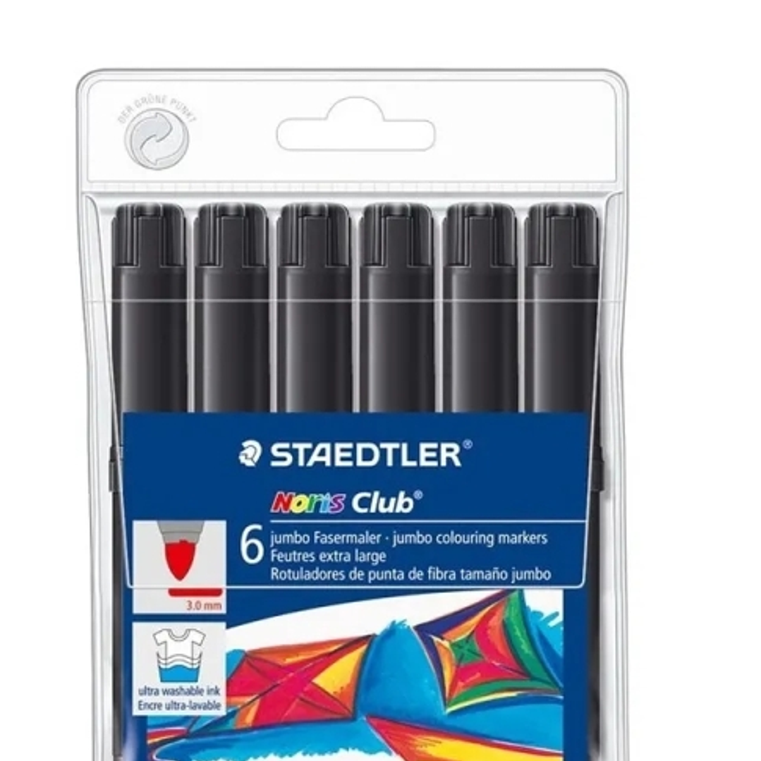Staedtler Noris Jumbo 340 Pack de 6 Rotuladores Jumbo - Punta de Fibra - Trazo 3mm - Tapa Ventilada - Color Negro 1