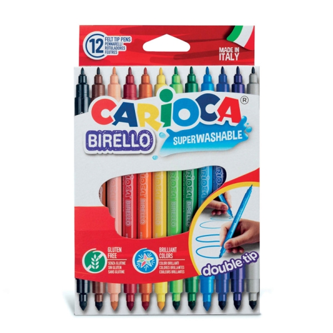 Carioca Birello Pack de 12 Rotuladores - Doble Punta Fina y Media - Tinta Superlavable No Toxica - Lavable de la Piel y Tejidos con Agua y sin Jabon - 1
