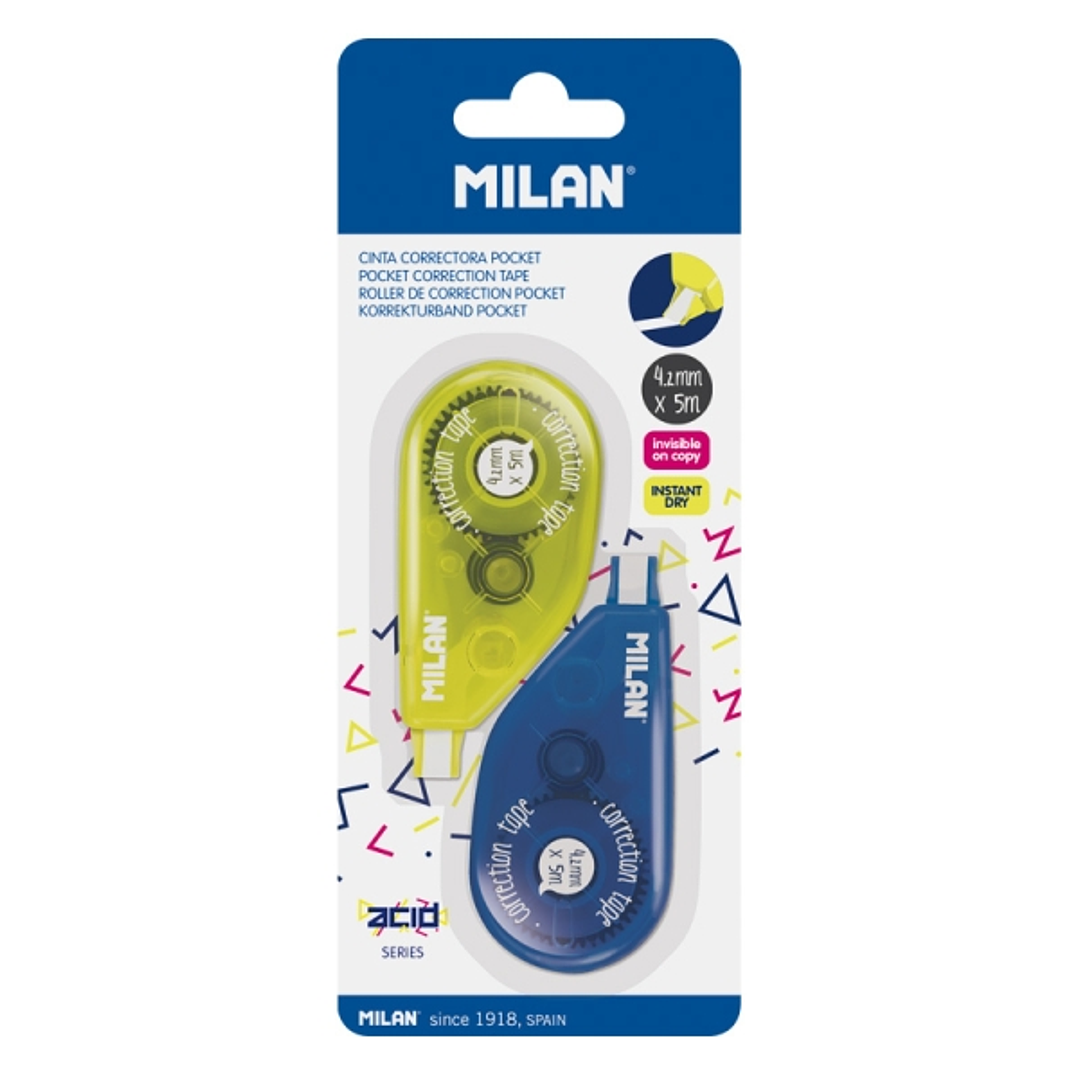 Milan Acid Pocket Pack de 2 Cintas Correctoras - Presentacion en Blister - 2mm x 5m - Color Amarillo 1