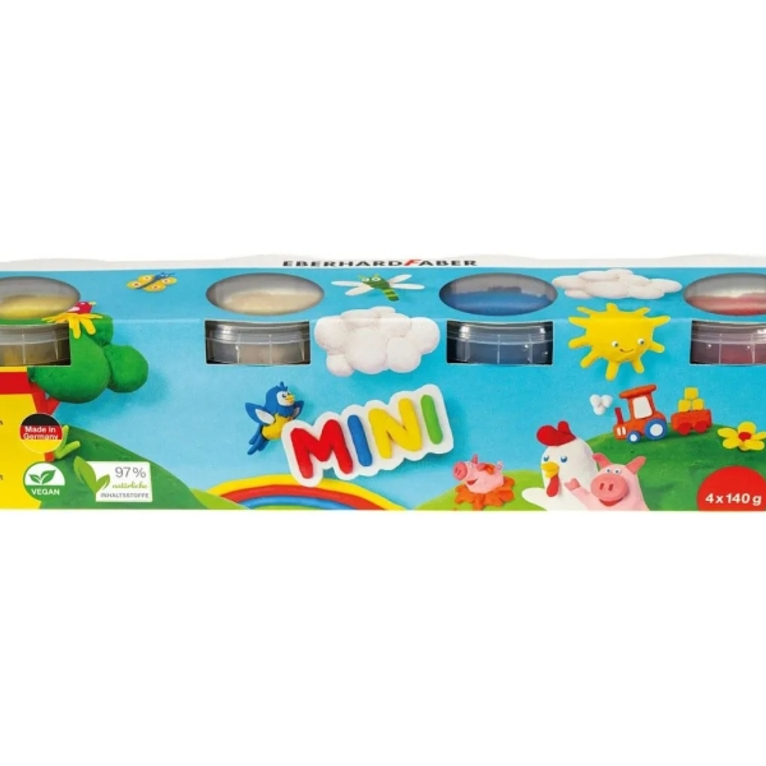 Eberhard Faber Mini Kids Pack con 4 Botes 140gr de Pasta de Modelar - 97% Ingredientes Naturales - Colores Blanco, Amarillo, Rojo y Azul 1