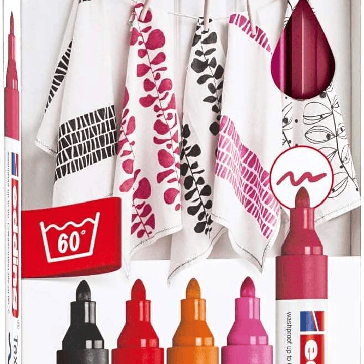 Edding 4500 Colores Calidos Pack de 5 Rotuladores Permanentes para Textil - Punta Redonda - Trazo 2-3mm - Olor Neutro - Secado Rapido - Colores Negro, 1