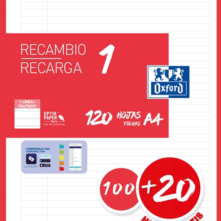 Oxford School Recambio A4 120 Hojas 1 Linea - 4 Taladros - Banda de Color Rojo 1