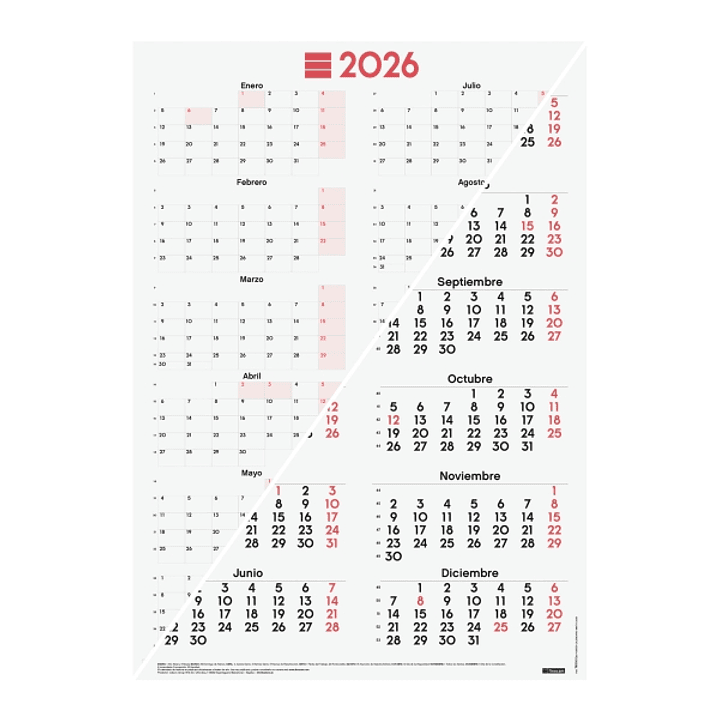 Finocam Poster Calendario Tipo Poster - Anual 2026 - Espacio para Escribir - 485x680mm - Numeros Grandes - Color Blanco y Rojo 1