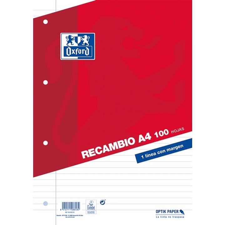 Oxford Classic Recambio de 100 Hojas Sueltas A4 1 Linea Horizontal con Margen 4 Taladros 1