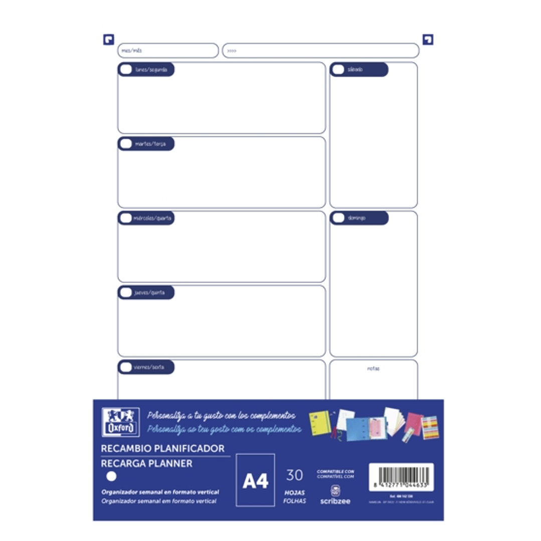 Oxford Recambio Planificador A4 30 Hojas - No Fechado - Ideal para Organizar tus Tareas Diarias - Compatible con la Mayoria de los Planificadores A4 1