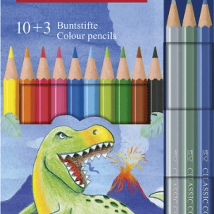 Faber-Castell Edicion Dinosaurios Pack de 13 Lapices de Colores Hexagonales - 10 Colores Clasicos + 3 Colores Metalizados - Incluye Pegatinas de Dinos 1
