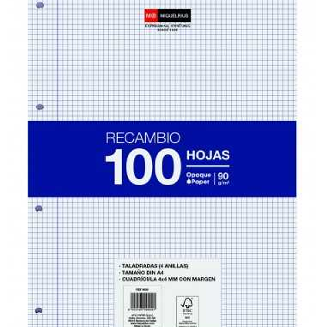 Miquel Rius Recambio Formato A4 - 100 Hojas Sueltas de 90gr con 4 Taladros - Cuadricula 4x4 con Margen 1