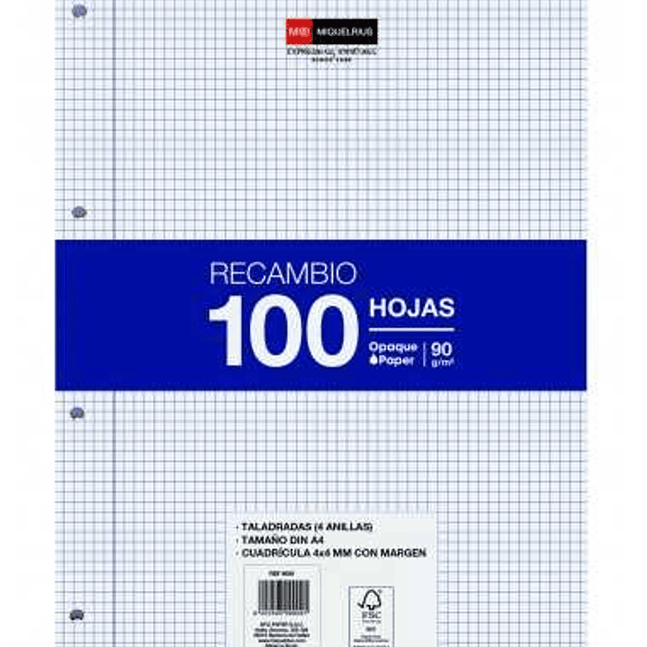 Miquel Rius Recambio Formato A4 - 100 Hojas Sueltas de 90gr con 4 Taladros - Cuadricula 4x4 con Margen 1