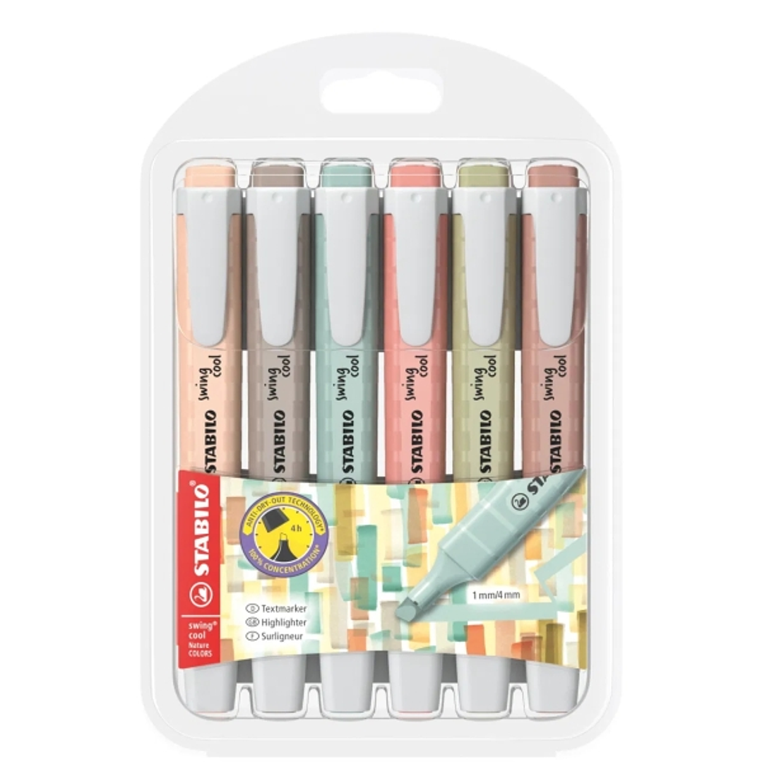 Stabilo Swing Cool Naturecolors Pack de 6 Marcadores Fluorescentes - Cuerpo Plano - Punta Biselada - Trazo entre 1 y 4mm - Tinta con Base de Agua - An 1