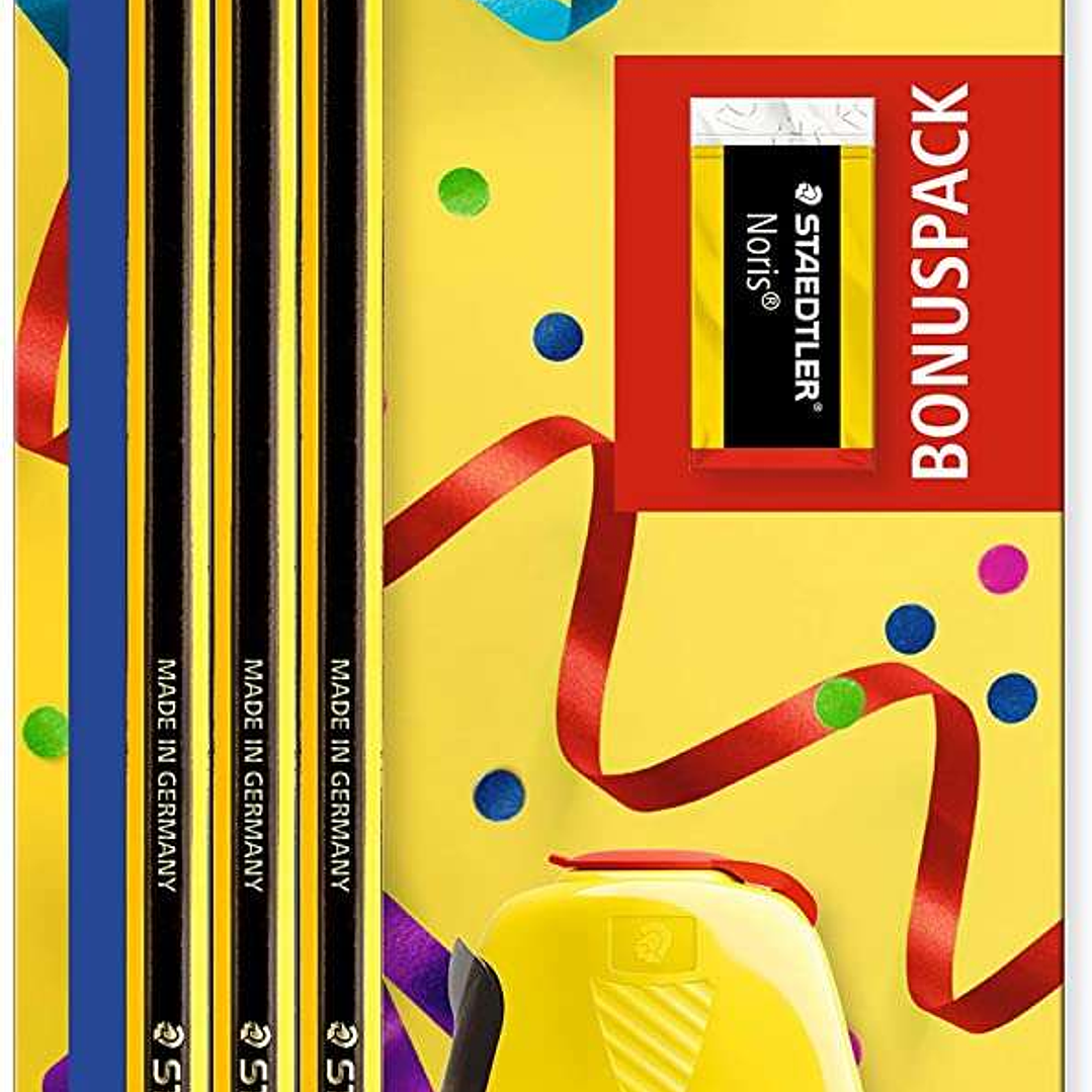 Staedtler Noris 120 Pack de 3 Lapices de Grafito Hexagonales + Goma de Borrar + Sacapuntas - Mina HB Ultrarresistente de 2mm - Madera de Bosques Soste 1