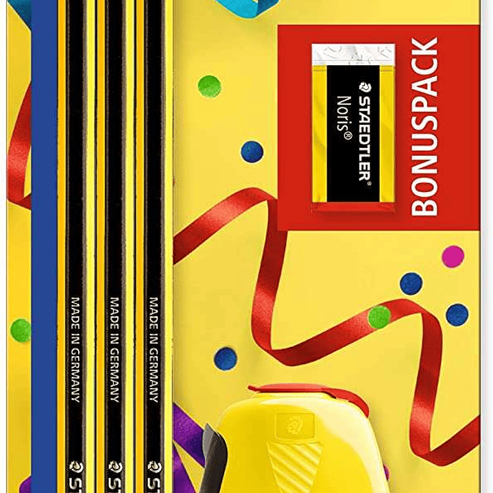 Staedtler Noris 120 Pack de 3 Lapices de Grafito Hexagonales + Goma de Borrar + Sacapuntas - Mina HB Ultrarresistente de 2mm - Madera de Bosques Soste 1