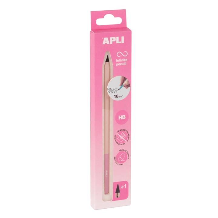 Apli Infinite Pencil Nordik Pack de Lapiz Infinito HB + Mina de Recambio + Tapon Protector - Para Escribir hasta 16km - Color Rosa 1