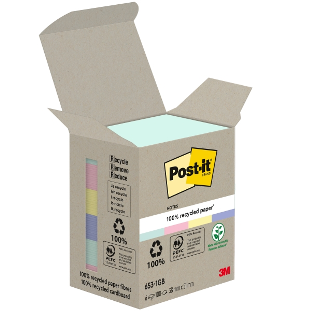 Post-It Pack de 6 Blocs de 100 Notas Adhesivas Recicladas - Forma Rectangular - 51x51mm - Colores Surtidos 1