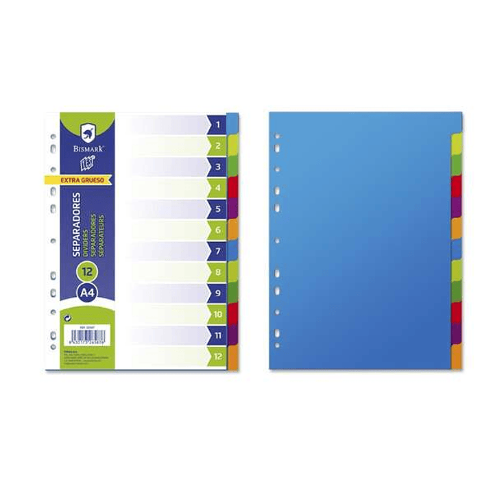 Bismark Pack de 12 Separadores - Tamaño A4 - Extragruesos - Fabricados en Polipropileno - Colores Surtidos 1