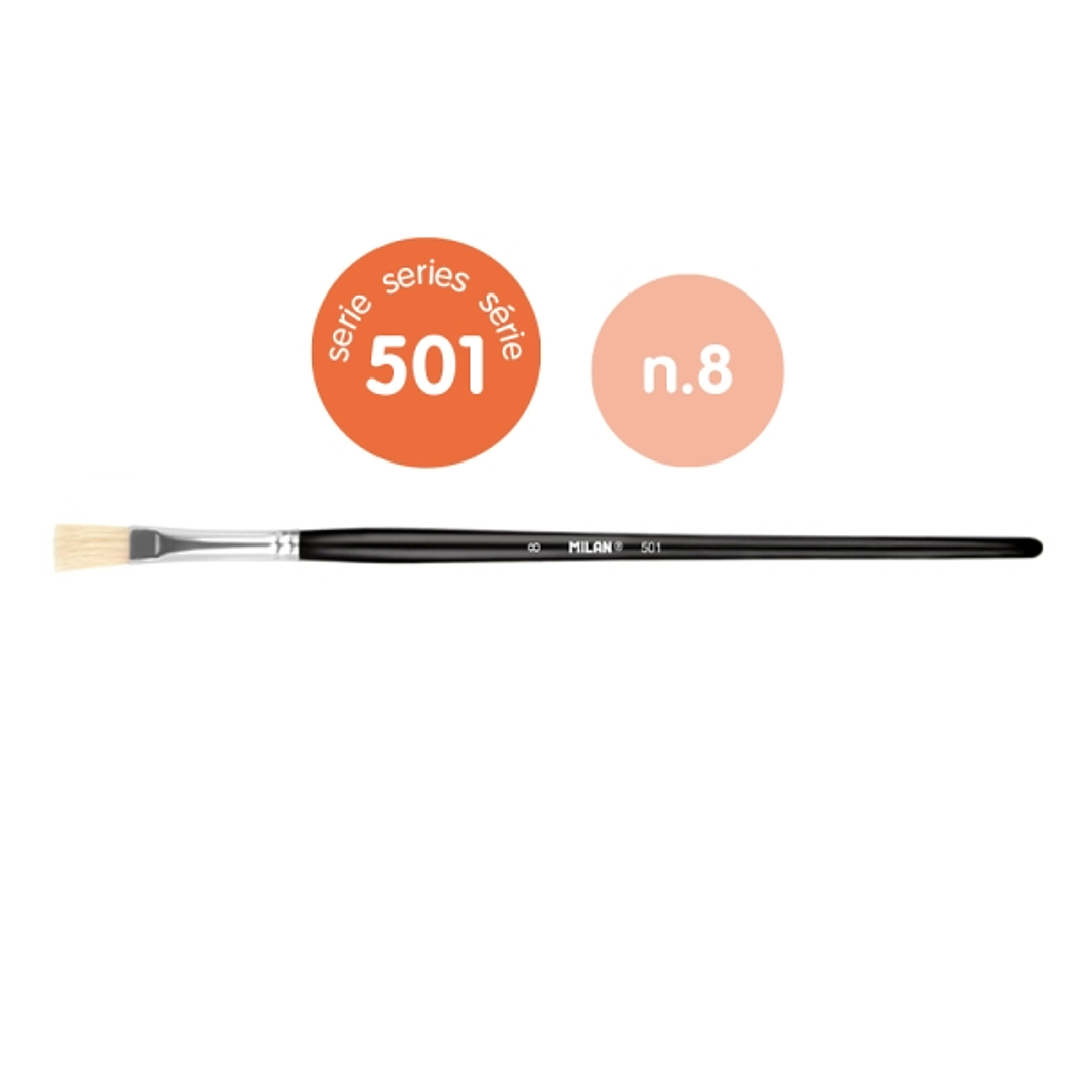 Milan 501 Pack de 6 Pinceles Planos Numero 8 - Bolsa con Colgador - Cerda Natural - Color Negro 1