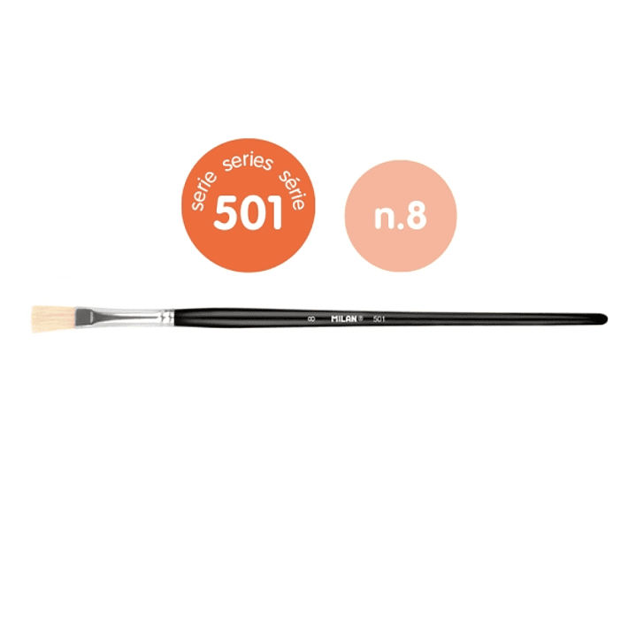 Milan 501 Pack de 6 Pinceles Planos Numero 8 - Bolsa con Colgador - Cerda Natural - Color Negro 1