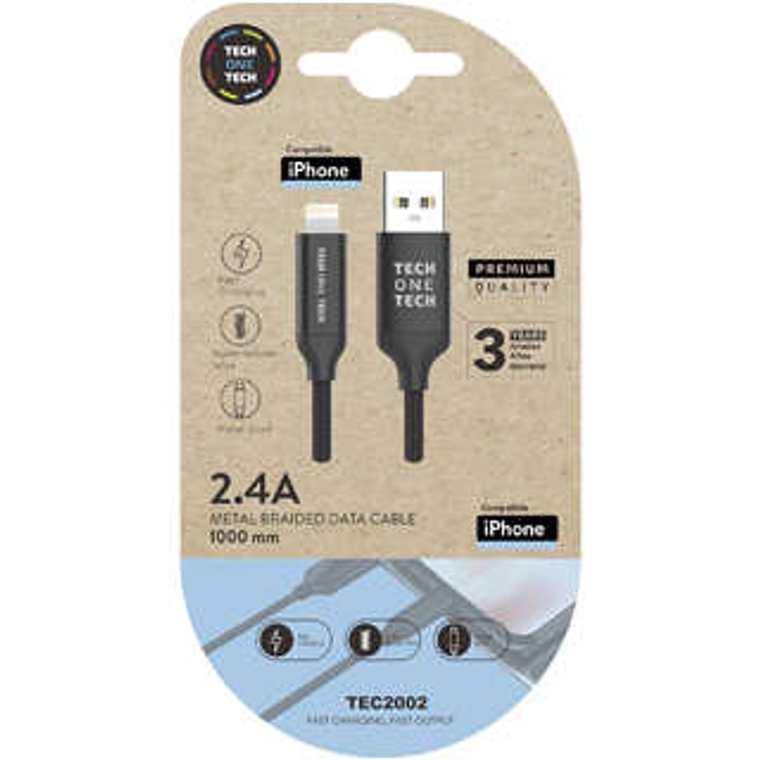 TechOneTech Cable USB-A Macho a Lightning Macho 1m - Recubierto de Nylon Trenzado 1