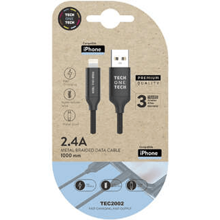 TechOneTech Cable USB-A Macho a Lightning Macho 1m - Recubierto de Nylon Trenzado 1