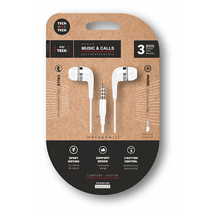 TechOneTech Soft EearTech Auriculares Intraurales - Microfono Integrado - Mini Jack 3.5mm - Cable de 1.20m - Blanco