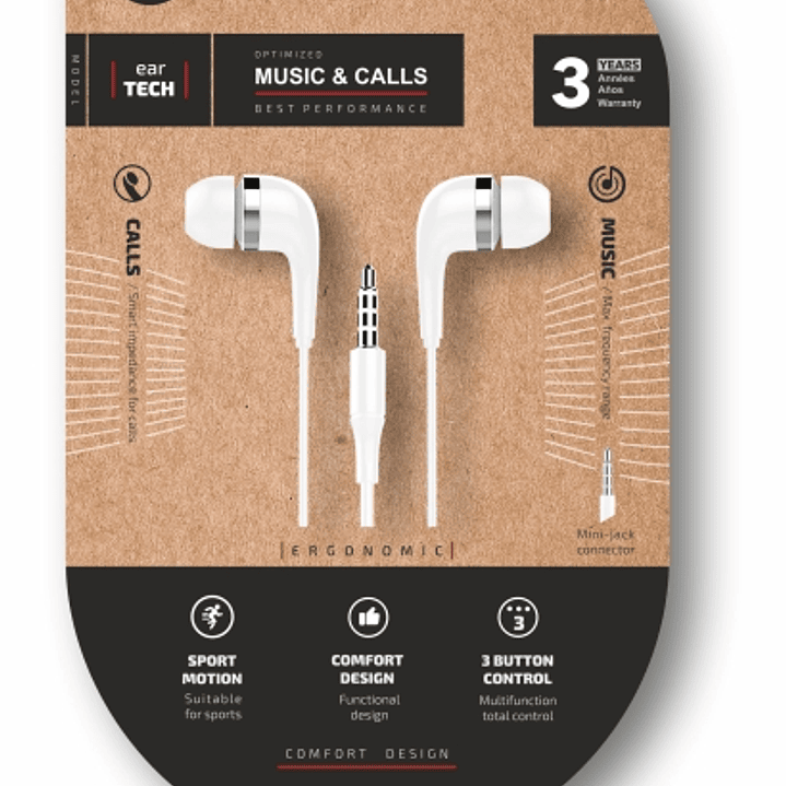 TechOneTech Soft EearTech Auriculares Intraurales - Microfono Integrado - Mini Jack 3.5mm - Cable de 1.20m - Blanco 1