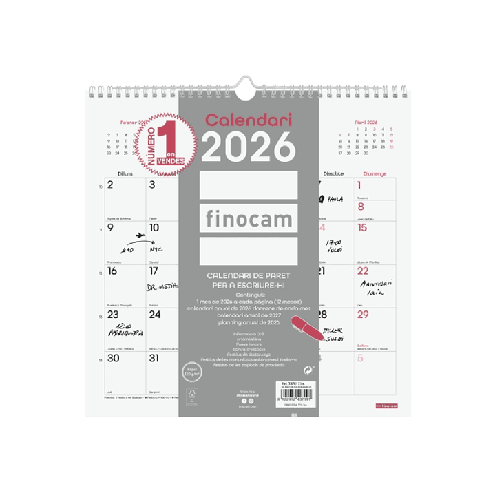 Finocam Chic Calendario de Pared en Catalan - Anual 2026 - 300x5x310mm - Espacio para Escribir - Color Blanco 1