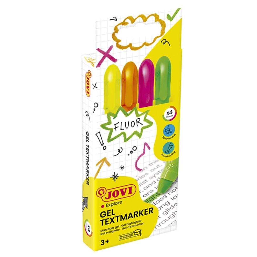 Jovi Gel Textmarker Pack con 4 Marcadores de Texto Fluorescentes - Gel en Seco - No Traspasan - Secado Rapido - Aptos para Luz Negra - Colores Surtido 1