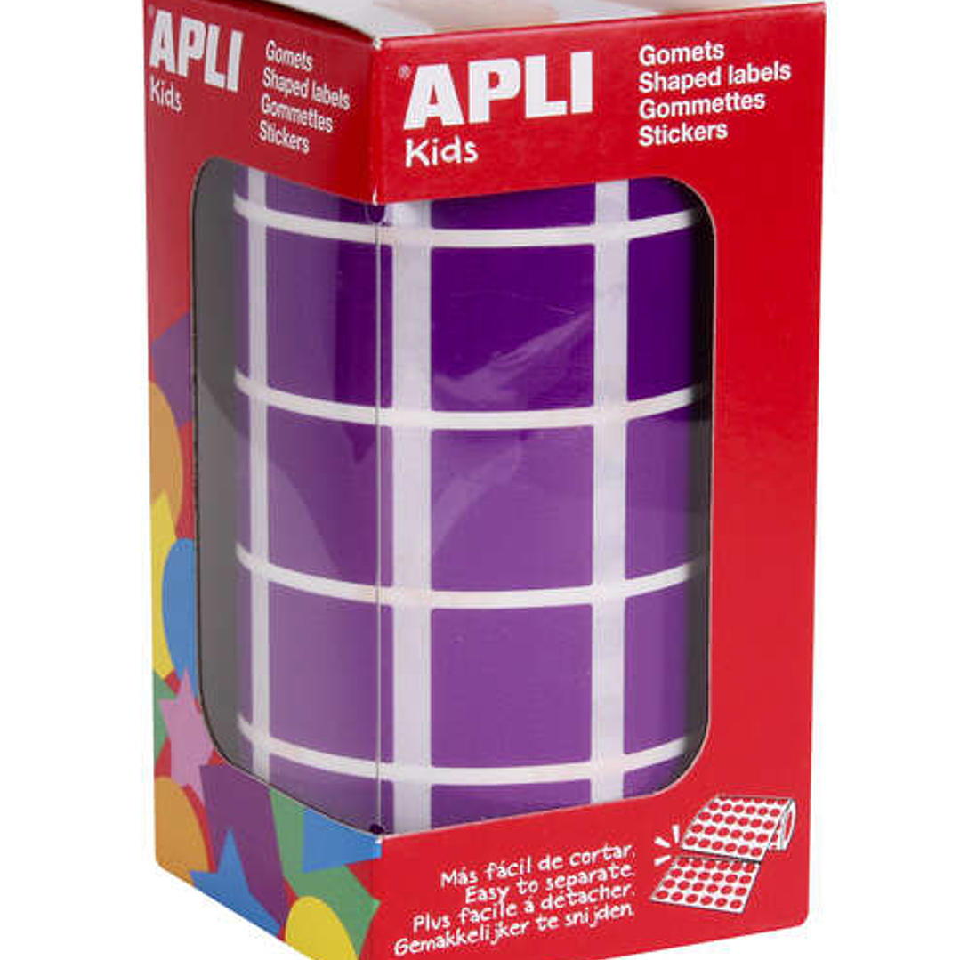 Apli Gomets Cuadrados Lila - 20 x 20mm - 59 Hojas Pretroqueladas - 1770 Gomets por Rollo - Ideal para Escuelas y Talleres Infantiles - Normas EN-71 y  1