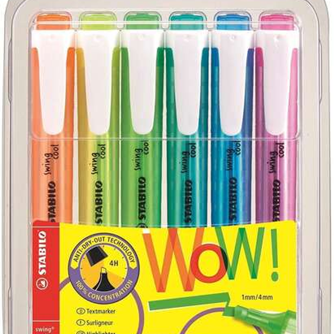 Stabilo Swing Cool Pack de 6 Marcadores Fluorescentes - Cuerpo Plano - Punta Biselada - Trazo entre 1 y 4mm - Tinta con Base de Agua - Antisecado - Co 1